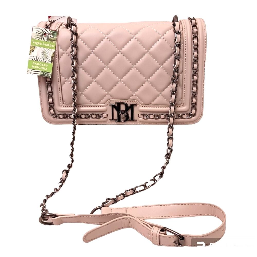 Badgley Mischka Taupe Nude CrossbodyBig Diamond‎ Quilt Braided Chain Fancy Glam